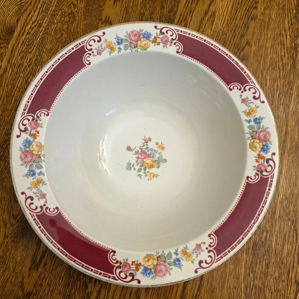 Vintage Homer Laughlin Majestic Floral Maroon Rim Serving Bowl 1945 USA‎ G45N6.